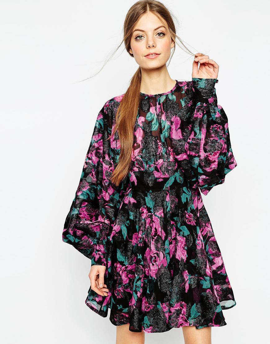 Floral Jacquard Blouson Sleeve Mini Skater Dress Multi - style: shift; length: mid thigh; secondary colour: hot pink; predominant colour: black; occasions: evening; fit: soft a-line; neckline: crew; sleeve length: long sleeve; sleeve style: standard; texture group: sheer fabrics/chiffon/organza etc.; pattern type: fabric; pattern size: big & busy; pattern: patterned/print; fibres: viscose/rayon - mix; season: a/w 2015