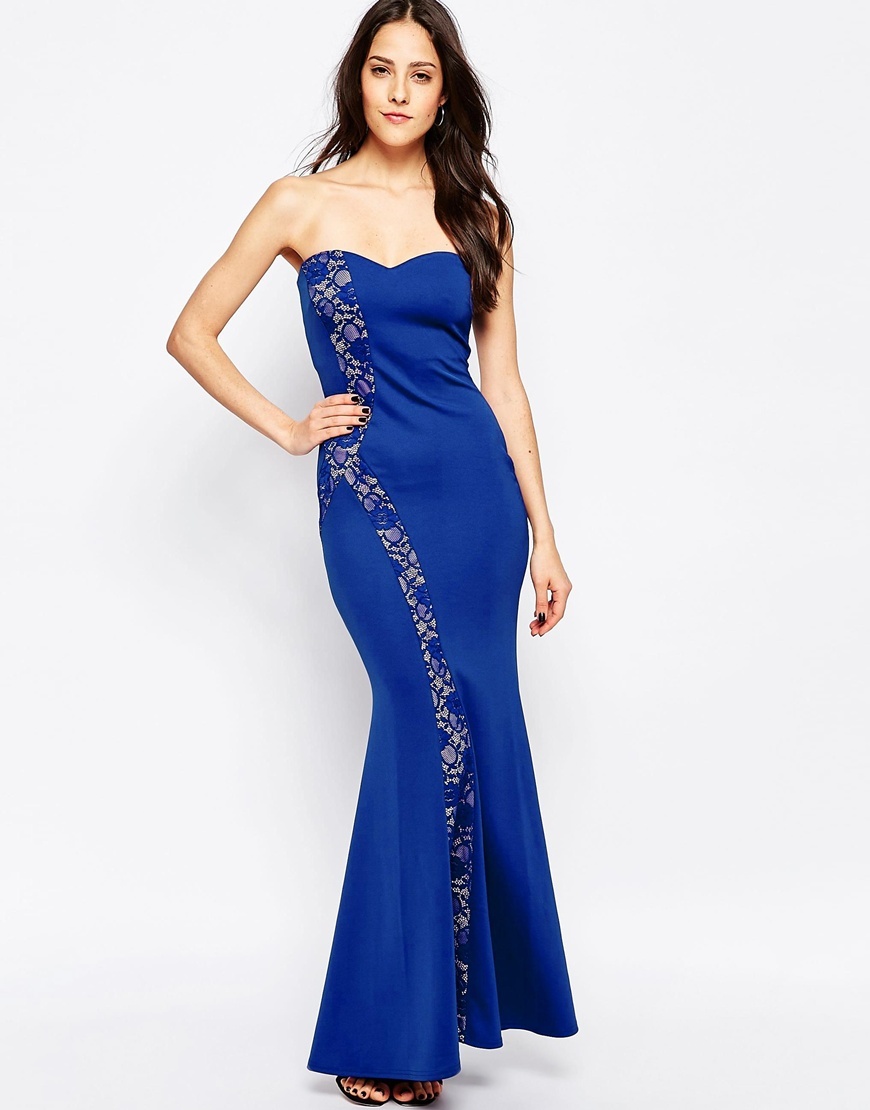 Diana Strapless Maxi Dress With Lace Panel Blue - neckline: strapless (straight/sweetheart); pattern: plain; style: maxi dress; sleeve style: strapless; waist detail: embellishment at waist/feature waistband; predominant colour: royal blue; length: floor length; fit: body skimming; fibres: polyester/polyamide - stretch; occasions: occasion; hip detail: contrast fabric/print detail at hip; bust detail: contrast pattern/fabric/detail at bust; sleeve length: sleeveless; pattern type: fabric; texture group: jersey - stretchy/drapey; embellishment: lace; season: a/w 2015