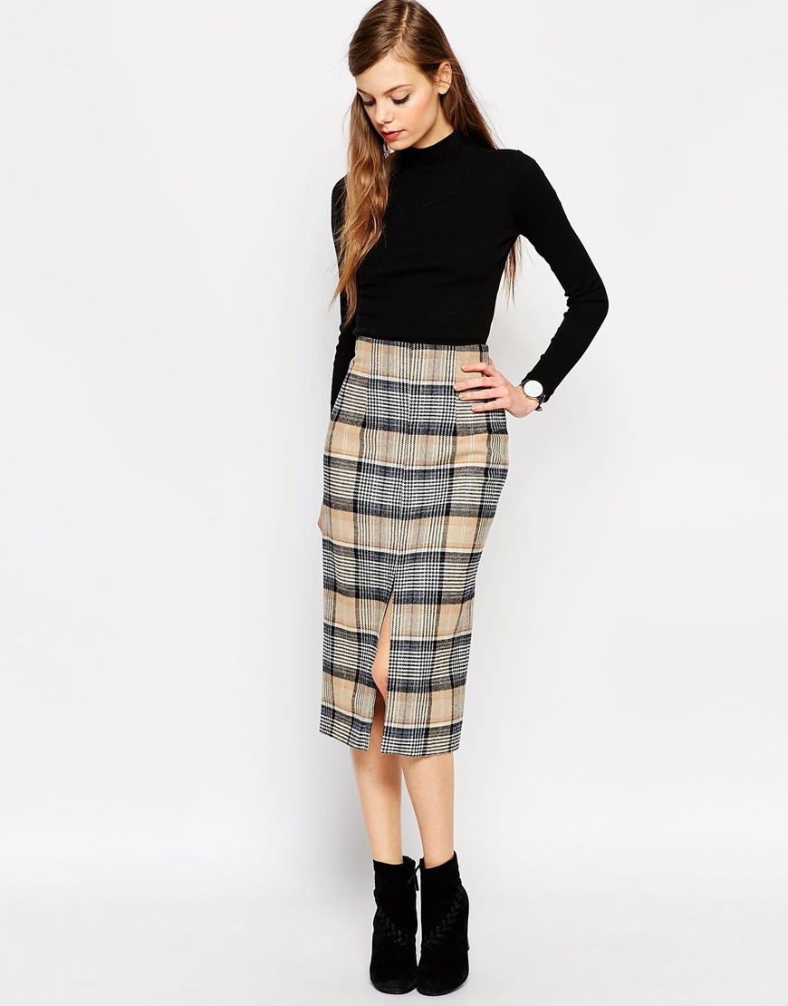 Premium Wool Pencil Skirt In Check Beige Check - length: below the knee; pattern: checked/gingham; style: pencil; fit: tailored/fitted; waist: high rise; secondary colour: stone; predominant colour: mid grey; occasions: evening, creative work; fibres: wool - mix; hip detail: slits at hip; pattern type: fabric; texture group: woven light midweight; pattern size: standard (bottom); season: a/w 2015