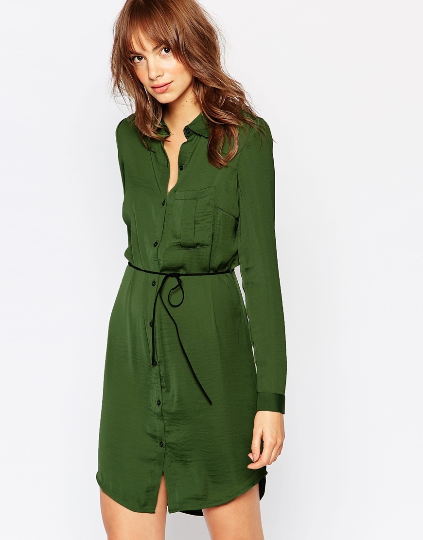 Tie Waist Shirt Dress Green - style: shirt; length: mid thigh; neckline: shirt collar/peter pan/zip with opening; pattern: plain; waist detail: belted waist/tie at waist/drawstring; predominant colour: emerald green; fit: body skimming; fibres: polyester/polyamide - 100%; sleeve length: long sleeve; sleeve style: standard; pattern type: fabric; texture group: other - light to midweight; occasions: creative work; season: a/w 2015