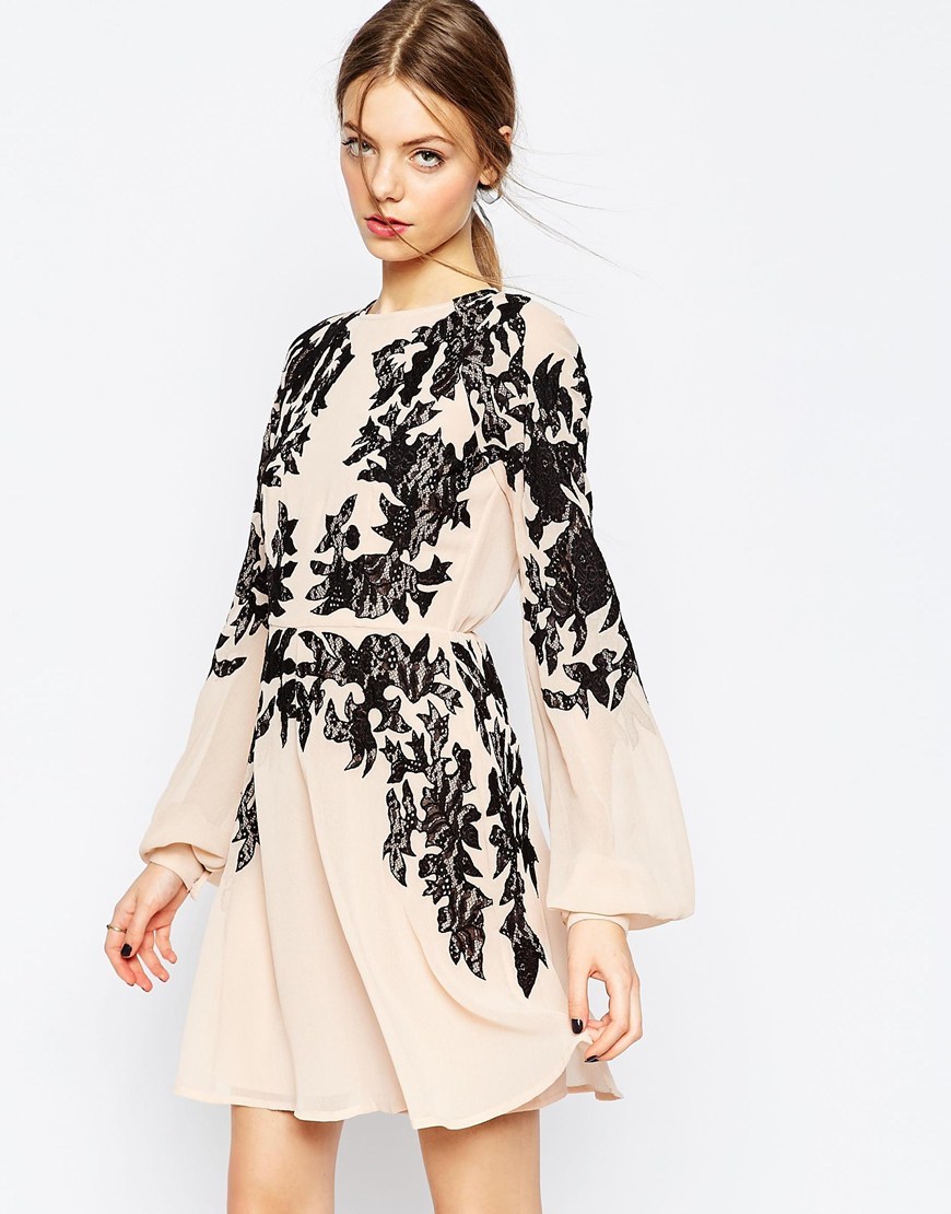 Lace Placed Embroidered Mini Dress Nude/Black - pattern: plain; predominant colour: blush; secondary colour: black; length: just above the knee; fit: fitted at waist & bust; style: fit & flare; fibres: polyester/polyamide - 100%; occasions: occasion; neckline: crew; sleeve length: long sleeve; sleeve style: standard; pattern type: fabric; texture group: woven light midweight; embellishment: lace; season: a/w 2015