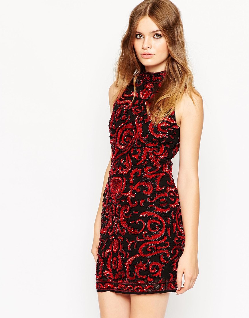 Premium Embellished High Neck Mini Tank Dress Red - style: shift; length: mini; fit: tailored/fitted; sleeve style: sleeveless; predominant colour: true red; secondary colour: black; occasions: evening; fibres: polyester/polyamide - 100%; neckline: crew; sleeve length: sleeveless; pattern type: fabric; pattern size: standard; pattern: patterned/print; texture group: woven light midweight; embellishment: beading; season: a/w 2015