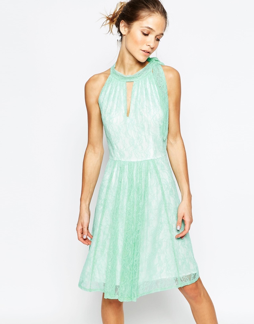 Never Ending Story Halter Dress With Pleated Skirt Green - length: below the knee; fit: fitted at waist; pattern: plain; sleeve style: sleeveless; neckline: low halter neck; predominant colour: mint green; occasions: evening; style: fit & flare; sleeve length: sleeveless; texture group: lace; pattern type: fabric; fibres: nylon - stretch; embellishment: lace; season: a/w 2015