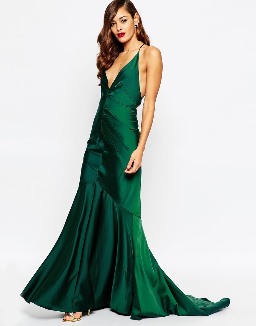 Red Carpet Deep Plunge Soft Fishtail Maxi Dress Red - neckline: plunge; sleeve style: spaghetti straps; pattern: plain; back detail: low cut/open back; predominant colour: emerald green; occasions: evening, occasion; length: floor length; fit: body skimming; fibres: polyester/polyamide - 100%; style: fishtail; hip detail: soft pleats at hip/draping at hip/flared at hip; sleeve length: sleeveless; texture group: structured shiny - satin/tafetta/silk etc.; pattern type: fabric; season: a/w 2015