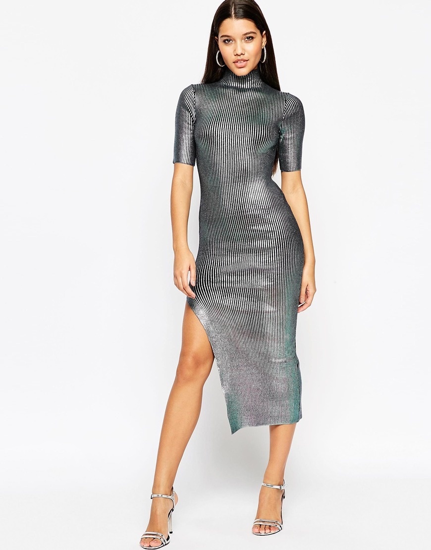 Night Metallic Rib Midi Dress Purple Metallic - style: shift; length: calf length; fit: tight; neckline: high neck; predominant colour: charcoal; secondary colour: mid grey; occasions: evening, occasion; sleeve length: short sleeve; sleeve style: standard; texture group: jersey - clingy; pattern type: fabric; pattern size: standard; pattern: patterned/print; fibres: viscose/rayon - mix; season: a/w 2015