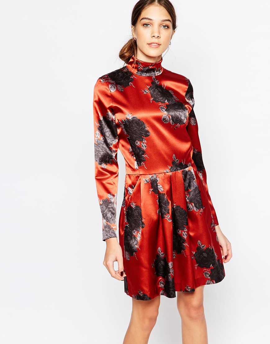 Satin Dress With High Neck In Floral Print Rust 942 - neckline: high neck; predominant colour: true red; secondary colour: navy; occasions: evening; length: just above the knee; fit: body skimming; style: fit & flare; fibres: polyester/polyamide - 100%; sleeve length: long sleeve; sleeve style: standard; pattern type: fabric; pattern size: standard; pattern: patterned/print; texture group: other - light to midweight; season: a/w 2015