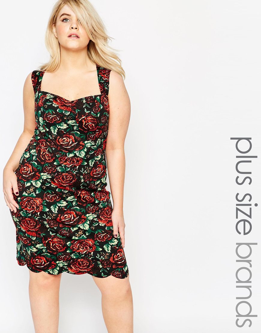 Plus Size Bodycon Dress With Floral Print And Scalloped Hem Black/Rose - style: shift; sleeve style: sleeveless; neckline: sweetheart; hip detail: fitted at hip; secondary colour: true red; predominant colour: black; occasions: evening; length: just above the knee; fit: body skimming; fibres: polyester/polyamide - stretch; sleeve length: sleeveless; pattern type: fabric; pattern size: standard; pattern: florals; texture group: jersey - stretchy/drapey; season: a/w 2015