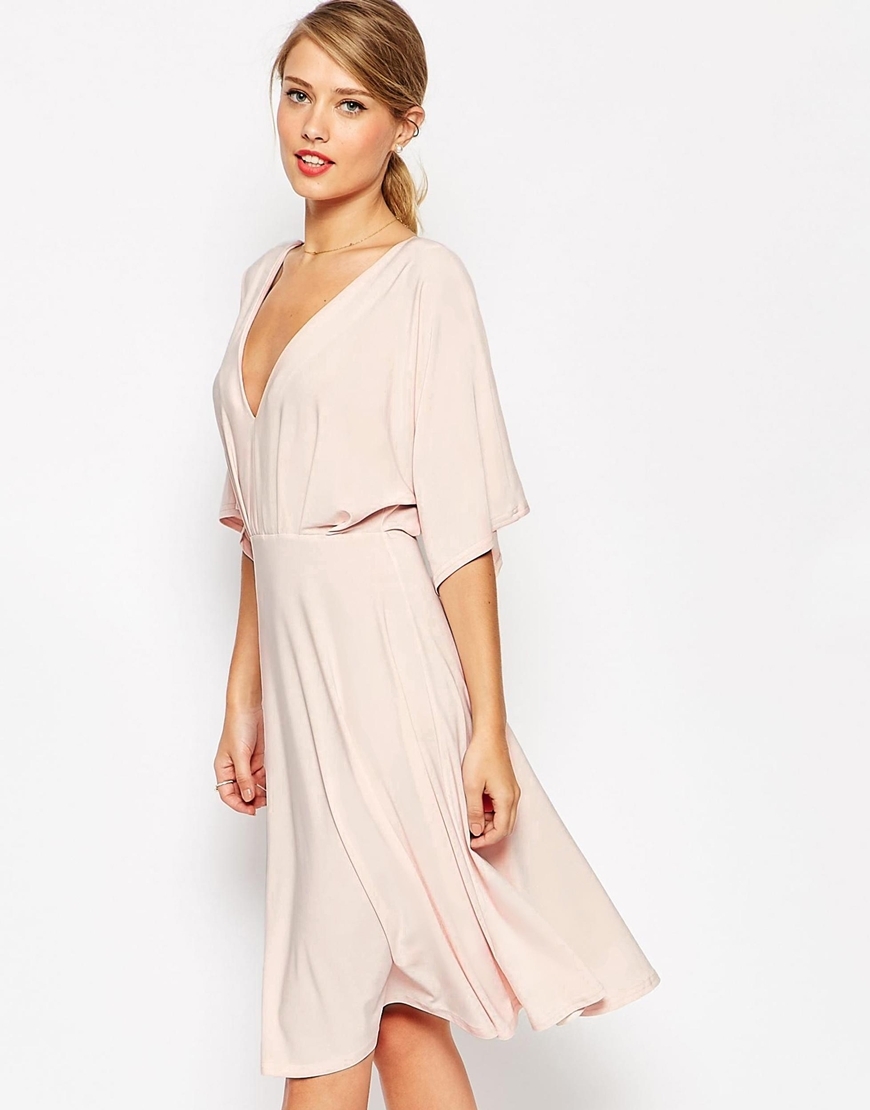 Kimono Plunge Midi Dress Navy - neckline: plunge; sleeve style: angel/waterfall; pattern: plain; predominant colour: blush; occasions: evening, occasion; length: on the knee; fit: fitted at waist & bust; style: fit & flare; fibres: polyester/polyamide - mix; sleeve length: 3/4 length; pattern type: fabric; texture group: jersey - stretchy/drapey; season: a/w 2015