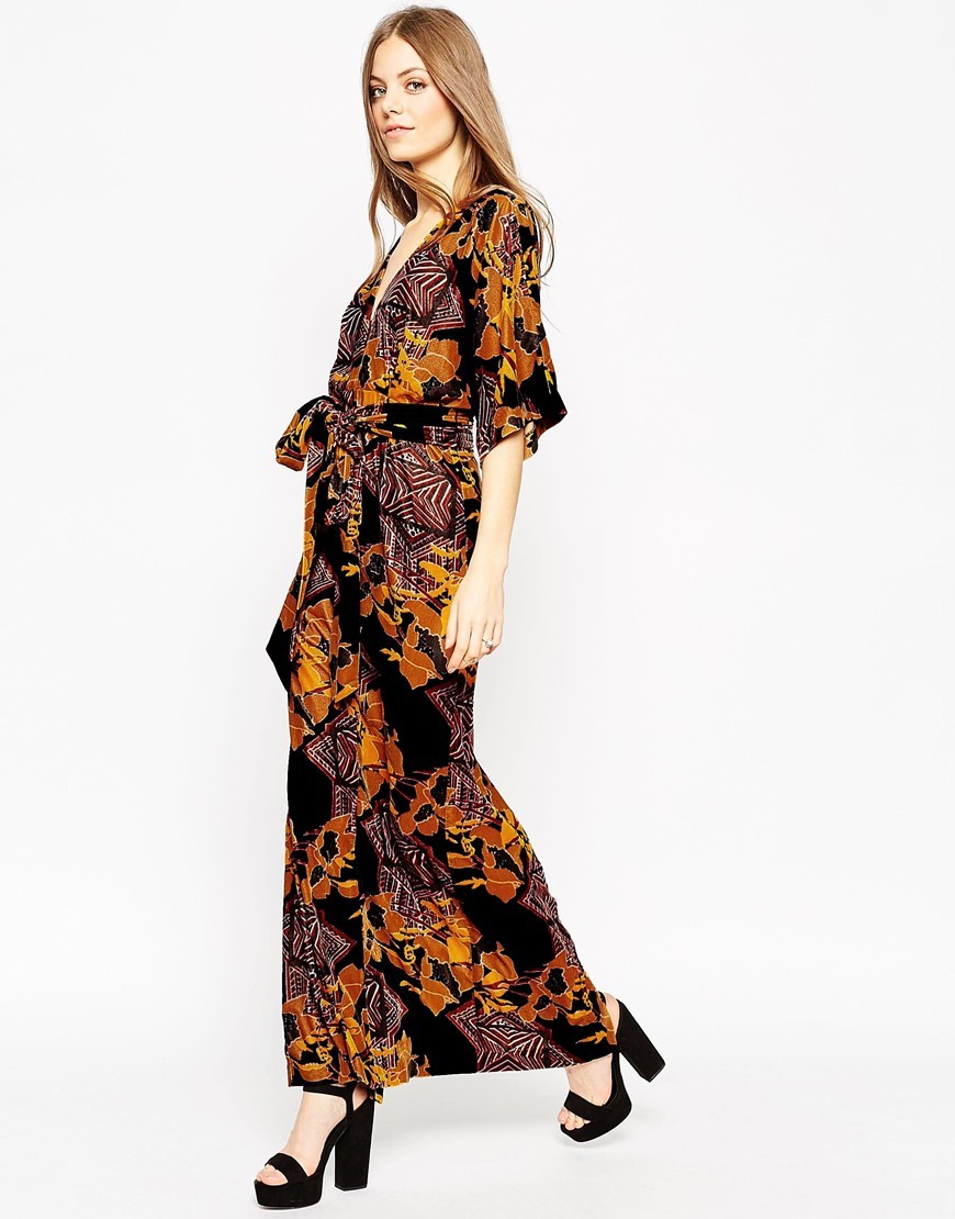 Devore Print Kaftan Maxi Dress Multi - neckline: low v-neck; style: maxi dress; length: ankle length; waist detail: belted waist/tie at waist/drawstring; secondary colour: aubergine; predominant colour: black; occasions: casual, evening, creative work; fit: straight cut; fibres: viscose/rayon - stretch; sleeve length: 3/4 length; sleeve style: standard; pattern type: fabric; pattern size: big & busy; pattern: patterned/print; texture group: jersey - stretchy/drapey; multicoloured: multicoloured; season: a/w 2015