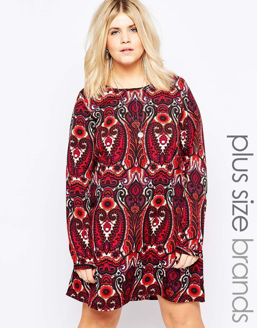 Plus Shift Dress In 70's Print Red - style: shift; pattern: paisley; secondary colour: white; predominant colour: burgundy; occasions: casual; length: just above the knee; fit: body skimming; fibres: polyester/polyamide - 100%; neckline: crew; sleeve length: long sleeve; sleeve style: standard; pattern type: fabric; texture group: other - light to midweight; multicoloured: multicoloured; season: a/w 2015