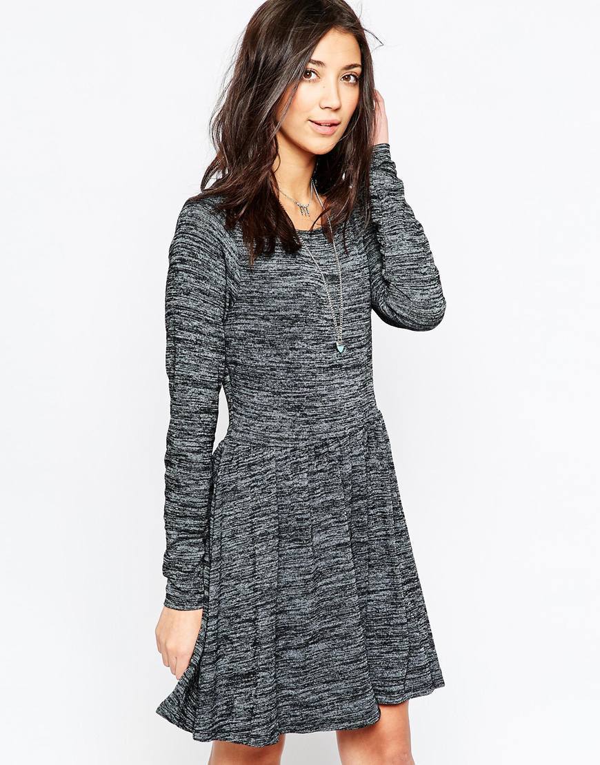 Long Sleeve Skater Dress Charcoal - neckline: round neck; pattern: plain; predominant colour: charcoal; occasions: casual; length: just above the knee; fit: fitted at waist & bust; style: fit & flare; fibres: viscose/rayon - stretch; sleeve length: long sleeve; sleeve style: standard; pattern type: fabric; texture group: jersey - stretchy/drapey; season: a/w 2015
