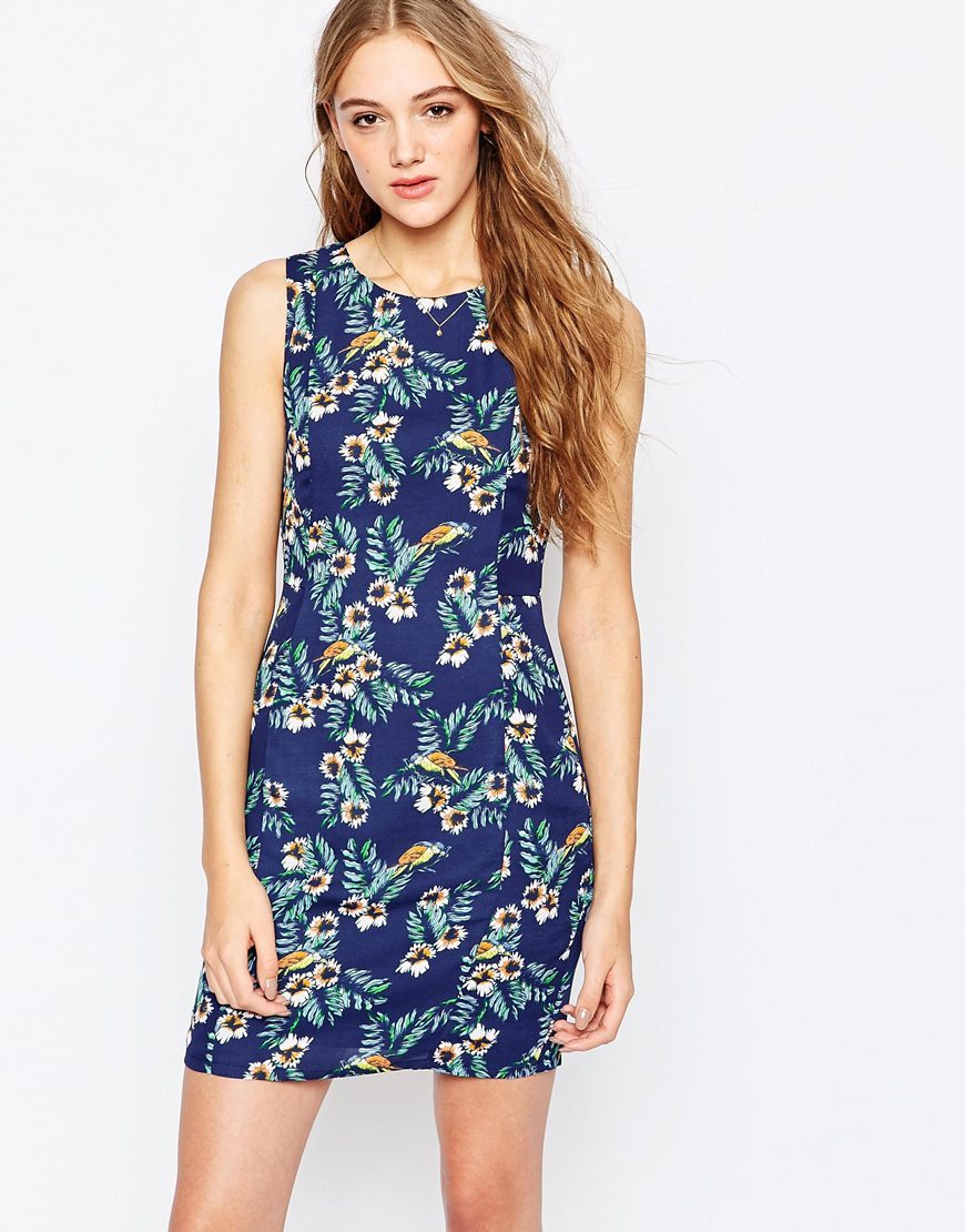 Tropical Bird Shift Dress Navy - style: shift; length: mid thigh; fit: tailored/fitted; sleeve style: sleeveless; predominant colour: navy; secondary colour: khaki; occasions: evening; fibres: polyester/polyamide - 100%; neckline: crew; sleeve length: sleeveless; pattern type: fabric; pattern: florals; texture group: other - light to midweight; multicoloured: multicoloured; season: a/w 2015