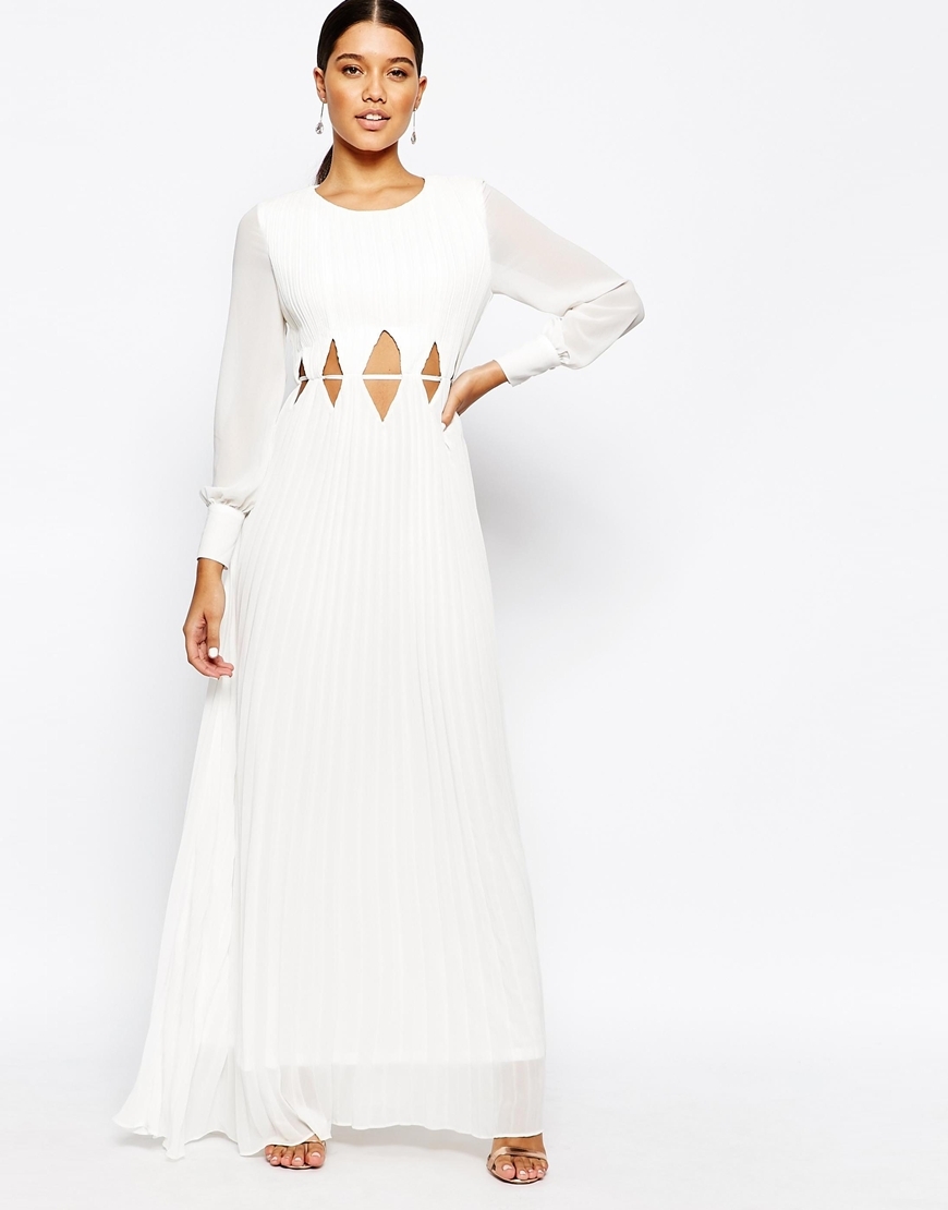 Long Sleeve Maxi Dress With Cut Out Waist Cream - pattern: plain; style: maxi dress; predominant colour: white; occasions: evening; length: floor length; fit: body skimming; fibres: polyester/polyamide - 100%; neckline: crew; waist detail: cut out detail; sleeve length: long sleeve; sleeve style: standard; texture group: sheer fabrics/chiffon/organza etc.; pattern type: fabric; season: a/w 2015