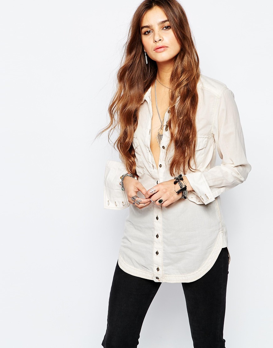 Last Chance Button Down Shirt In Cream Pearl 1124 - neckline: shirt collar/peter pan/zip with opening; pattern: plain; length: below the bottom; style: shirt; predominant colour: ivory/cream; occasions: casual, creative work; fibres: cotton - mix; fit: body skimming; sleeve length: long sleeve; sleeve style: standard; texture group: cotton feel fabrics; pattern type: fabric; season: a/w 2015