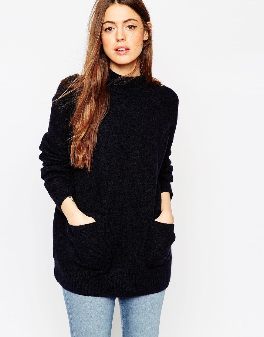 A Line Jumper In Soft Yarn With Pocket Detail Navy - pattern: plain; neckline: high neck; length: below the bottom; hip detail: front pockets at hip; style: standard; predominant colour: navy; occasions: casual, creative work; fibres: wool - 100%; fit: loose; sleeve length: long sleeve; sleeve style: standard; texture group: knits/crochet; pattern type: knitted - fine stitch; season: a/w 2015