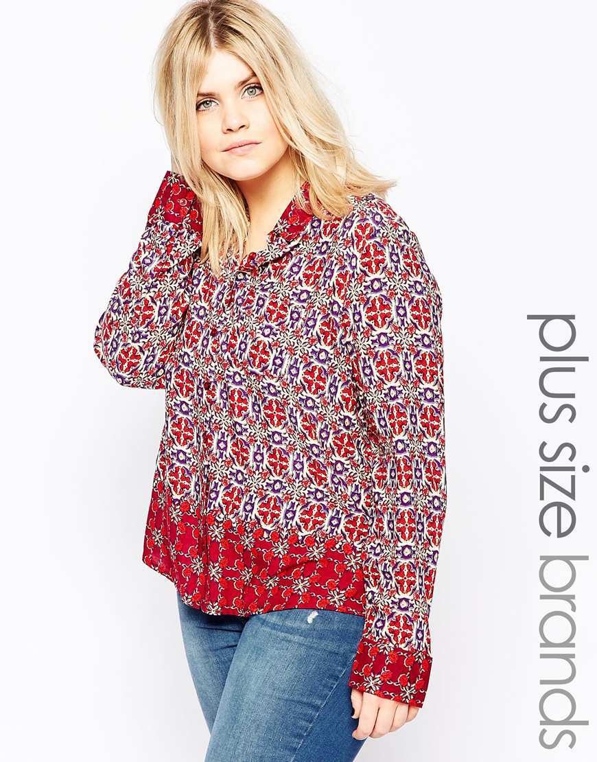 Plus Shirt In Jewel Print Red - neckline: v-neck; style: blouse; predominant colour: true red; secondary colour: emerald green; occasions: casual, creative work; length: standard; fibres: viscose/rayon - 100%; fit: body skimming; sleeve length: long sleeve; sleeve style: standard; pattern type: fabric; pattern size: standard; pattern: patterned/print; texture group: other - light to midweight; season: a/w 2015