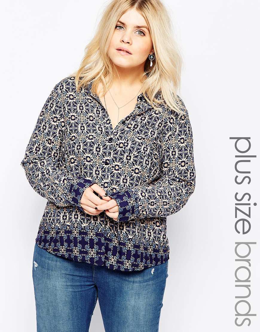 Plus Shirt In Jewel Print Navy - neckline: low v-neck; secondary colour: white; predominant colour: black; occasions: casual, creative work; length: standard; style: top; fibres: viscose/rayon - 100%; fit: body skimming; sleeve length: long sleeve; sleeve style: standard; pattern type: fabric; pattern size: standard; pattern: patterned/print; texture group: other - light to midweight; season: a/w 2015
