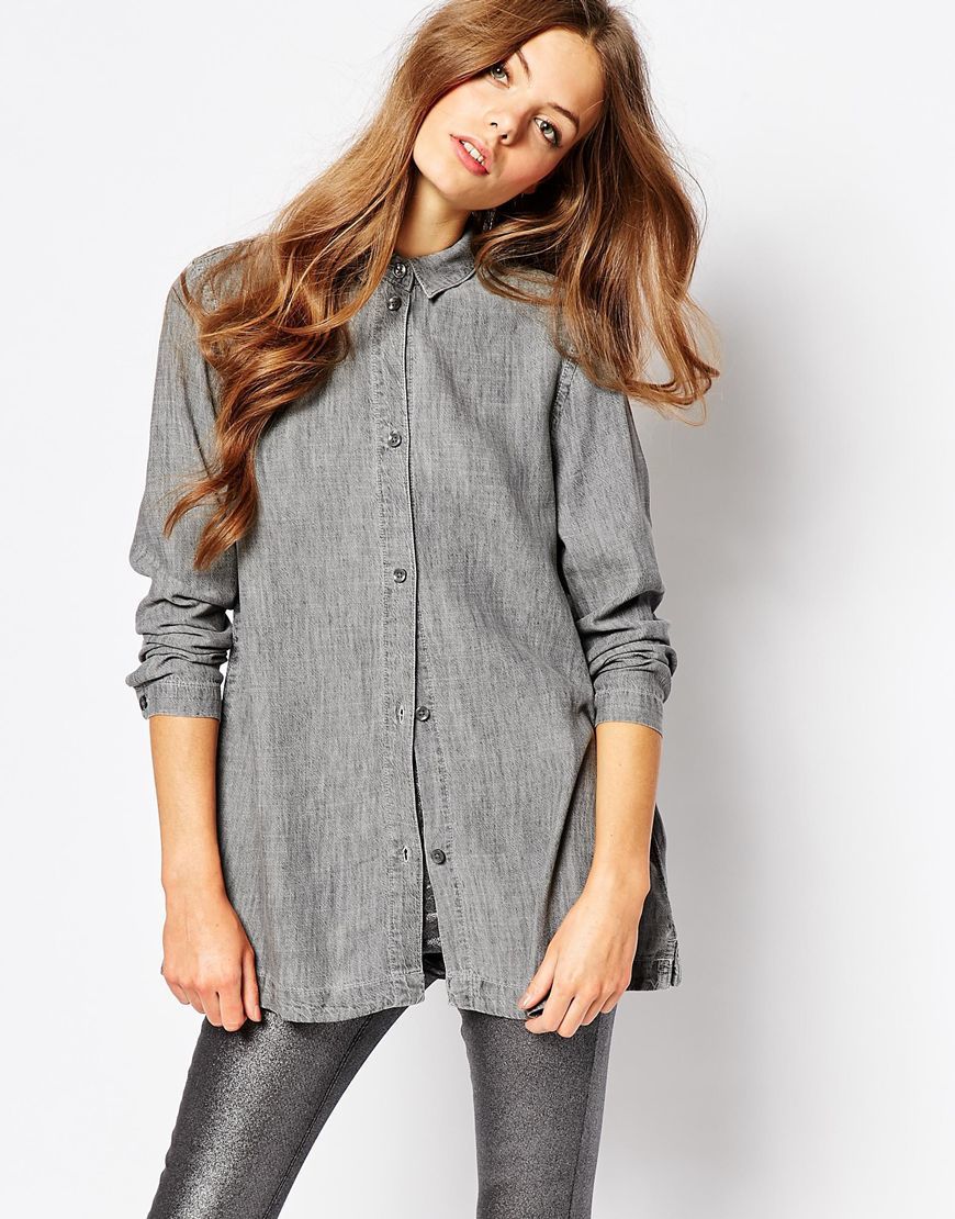 Nott Button Front Linen Mix Denim Shirt Cool Grey - neckline: shirt collar/peter pan/zip with opening; pattern: plain; length: below the bottom; style: shirt; predominant colour: mid grey; occasions: casual, creative work; fibres: linen - 100%; fit: loose; sleeve length: long sleeve; sleeve style: standard; texture group: linen; pattern type: fabric; season: a/w 2015