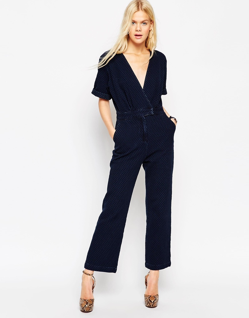 Textured Denim Jumpsuit Darkwash Blue - length: standard; neckline: low v-neck; pattern: plain; waist detail: belted waist/tie at waist/drawstring; predominant colour: navy; occasions: casual, creative work; fit: straight cut; fibres: cotton - 100%; sleeve length: short sleeve; sleeve style: standard; texture group: denim; style: jumpsuit; pattern type: fabric; season: a/w 2015