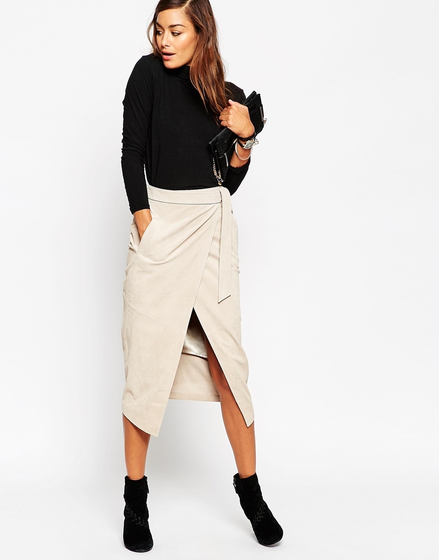Suede Pencil Skirt With Obi Self Belt Light Stone - length: below the knee; pattern: plain; style: wrap/faux wrap; fit: body skimming; waist: high rise; waist detail: belted waist/tie at waist/drawstring; predominant colour: ivory/cream; fibres: leather - 100%; pattern type: fabric; texture group: suede; occasions: creative work; season: a/w 2015