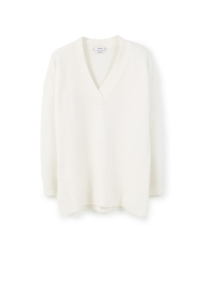 Textured Sweater - neckline: v-neck; pattern: plain; style: standard; predominant colour: ivory/cream; occasions: casual, creative work; length: standard; fibres: cotton - mix; fit: loose; sleeve length: long sleeve; sleeve style: standard; texture group: knits/crochet; pattern type: knitted - fine stitch; season: a/w 2015