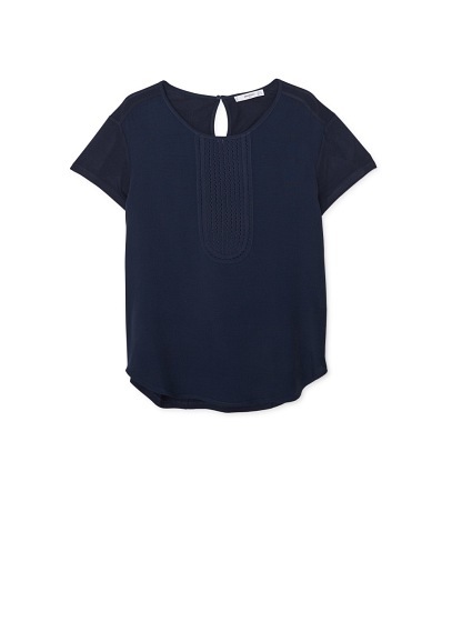 Openwork Panel T Shirt - pattern: plain; bust detail: ruching/gathering/draping/layers/pintuck pleats at bust; predominant colour: navy; occasions: casual, creative work; length: standard; style: top; fibres: polyester/polyamide - 100%; fit: straight cut; neckline: crew; back detail: keyhole/peephole detail at back; sleeve length: short sleeve; sleeve style: standard; texture group: crepes; pattern type: fabric; season: a/w 2015