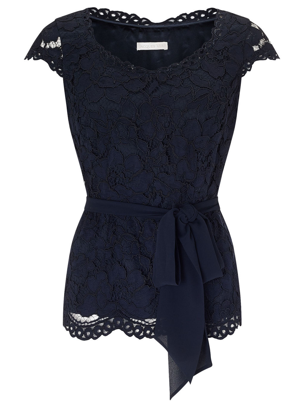 Lace Belted Top, Navy - neckline: round neck; sleeve style: capped; waist detail: belted waist/tie at waist/drawstring; predominant colour: navy; occasions: evening, occasion; length: standard; style: top; fibres: nylon - mix; fit: body skimming; sleeve length: short sleeve; texture group: lace; pattern type: fabric; pattern size: standard; pattern: patterned/print; season: a/w 2015