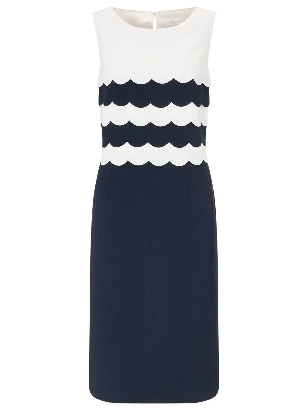 Scallop Layers Dress - style: shift; neckline: round neck; sleeve style: standard vest straps/shoulder straps; fit: tailored/fitted; secondary colour: white; predominant colour: navy; length: on the knee; fibres: polyester/polyamide - 100%; occasions: occasion; sleeve length: sleeveless; pattern type: fabric; pattern size: standard; pattern: colourblock; texture group: woven light midweight; season: a/w 2015
