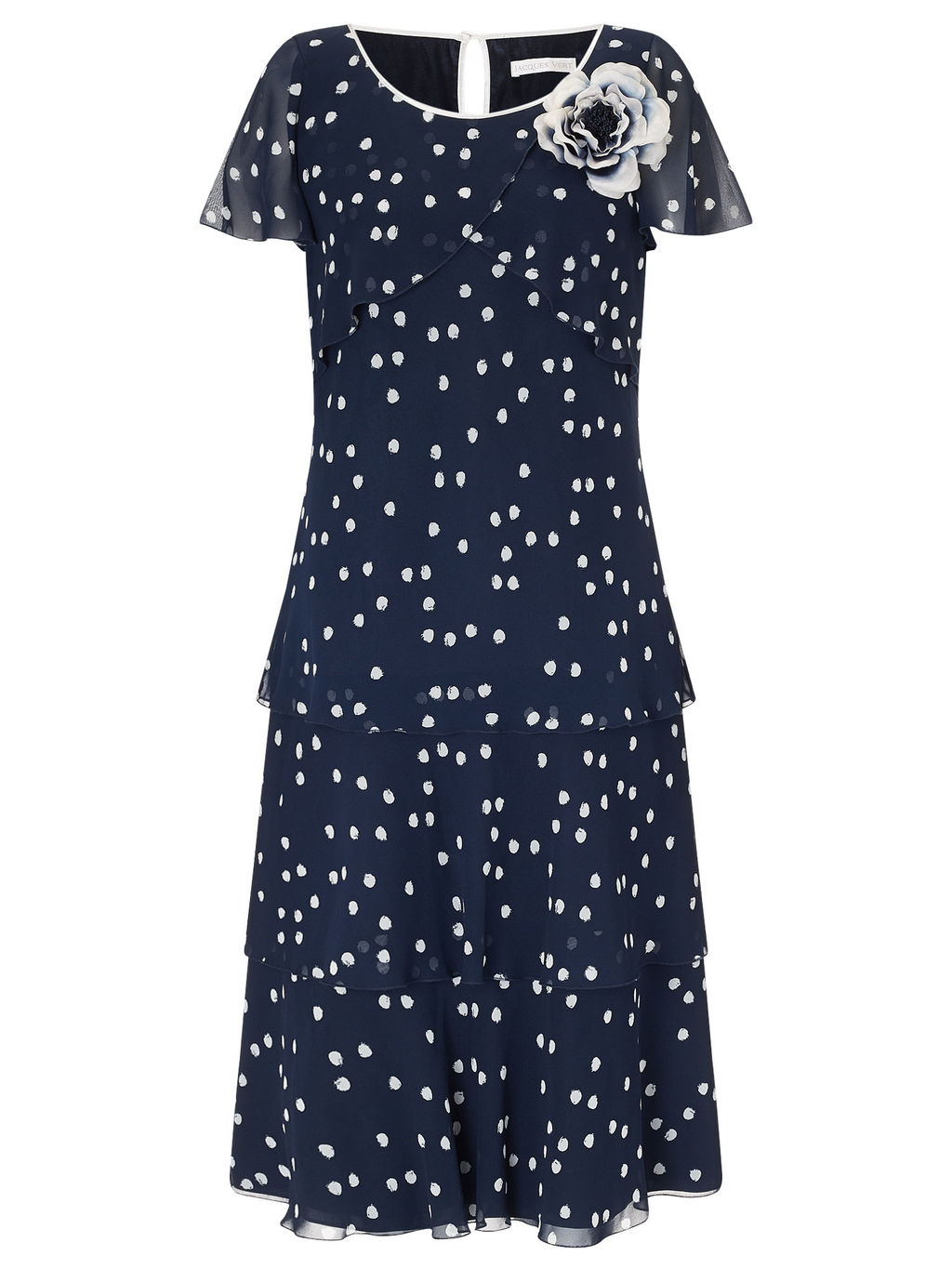 Brushstroke Spot Dress - style: shift; length: below the knee; neckline: round neck; sleeve style: capped; pattern: polka dot; secondary colour: white; predominant colour: navy; fit: soft a-line; fibres: polyester/polyamide - 100%; occasions: occasion; back detail: keyhole/peephole detail at back; sleeve length: short sleeve; texture group: sheer fabrics/chiffon/organza etc.; pattern type: fabric; pattern size: standard; embellishment: corsage; season: a/w 2015