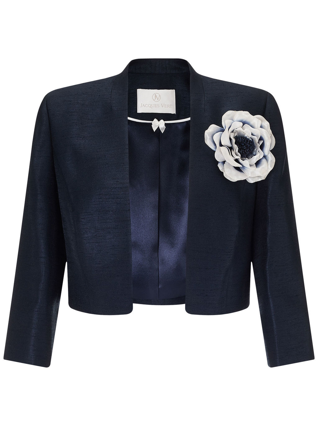 Stand Collar Bolero - pattern: plain; style: bolero/shrug; collar: round collar/collarless; secondary colour: white; predominant colour: navy; fit: tailored/fitted; fibres: polyester/polyamide - 100%; occasions: occasion; sleeve length: 3/4 length; sleeve style: standard; texture group: structured shiny - satin/tafetta/silk etc.; collar break: low/open; pattern type: fabric; embellishment: corsage; length: cropped; season: a/w 2015
