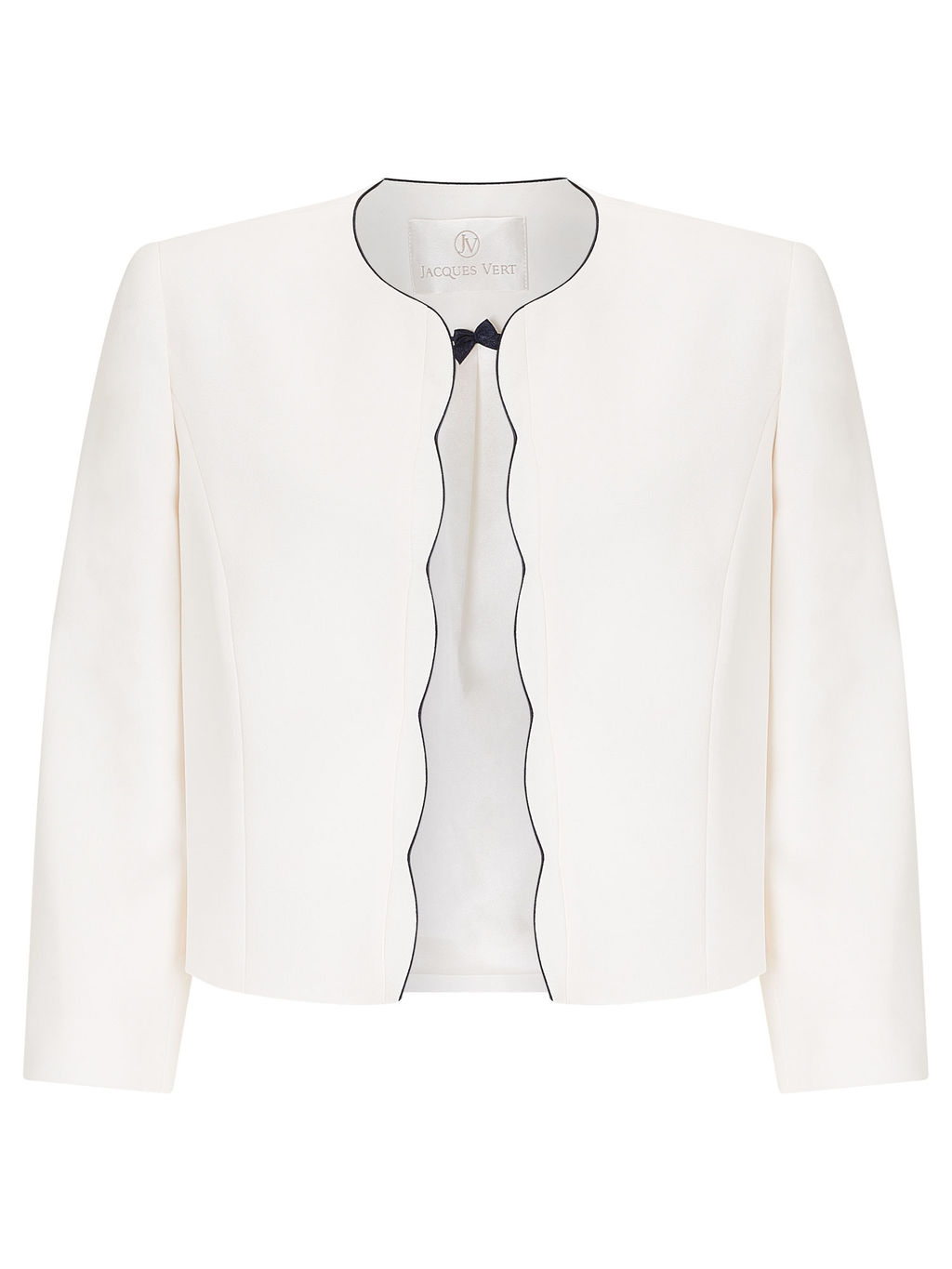 Scallop Edge Jacket, Light Neutral - pattern: plain; collar: round collar/collarless; style: boxy; predominant colour: ivory/cream; secondary colour: black; fit: straight cut (boxy); occasions: occasion; sleeve length: 3/4 length; sleeve style: standard; texture group: silky - light; collar break: high; pattern type: fabric; fibres: viscose/rayon - mix; length: cropped; season: a/w 2015