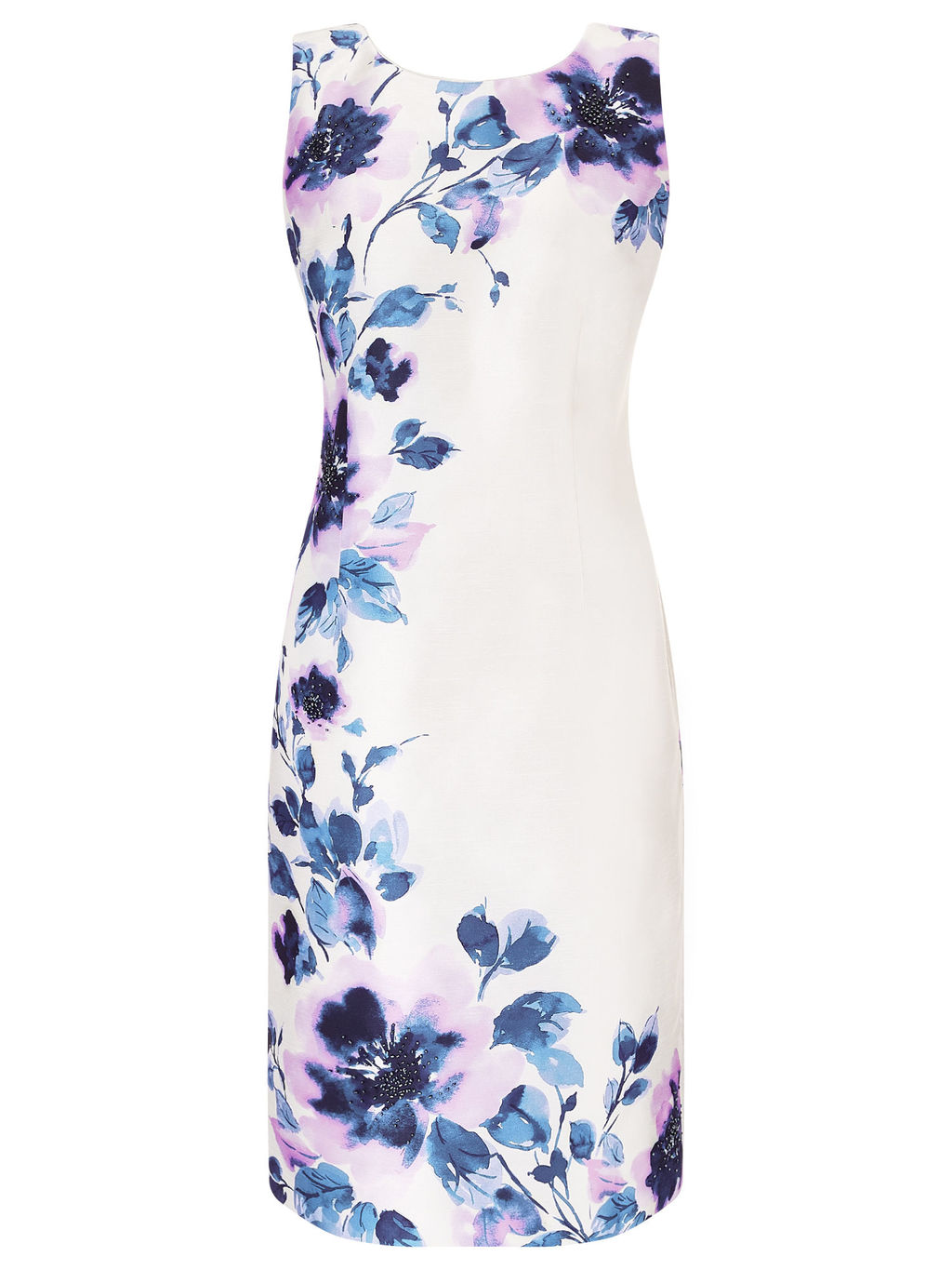 Peony Placement Print Dress, Cream/Multi - style: shift; neckline: round neck; sleeve style: standard vest straps/shoulder straps; fit: tailored/fitted; secondary colour: ivory/cream; predominant colour: royal blue; occasions: evening, occasion; length: just above the knee; fibres: polyester/polyamide - 100%; sleeve length: sleeveless; texture group: structured shiny - satin/tafetta/silk etc.; pattern type: fabric; pattern size: big & busy; pattern: florals; multicoloured: multicoloured; season: a/w 2015
