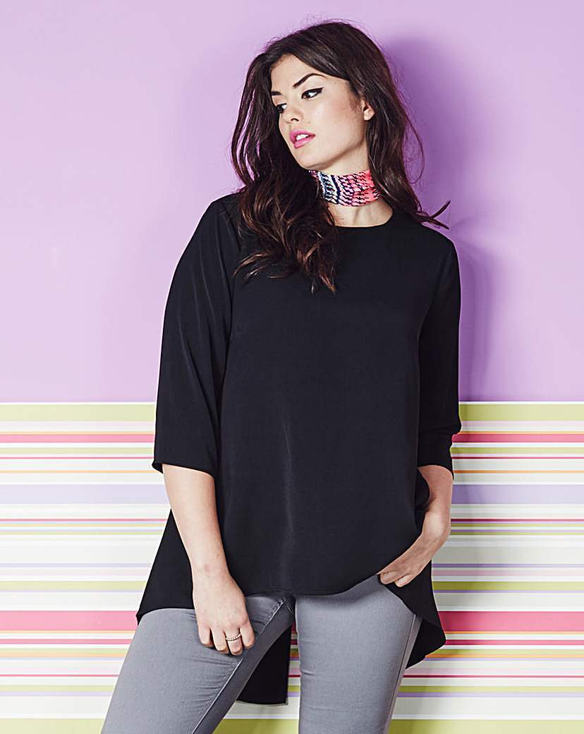 Split Back Blouse - pattern: plain; length: below the bottom; style: blouse; predominant colour: black; occasions: casual; fibres: polyester/polyamide - 100%; fit: loose; neckline: crew; sleeve length: 3/4 length; sleeve style: standard; pattern type: fabric; texture group: jersey - stretchy/drapey; season: a/w 2015