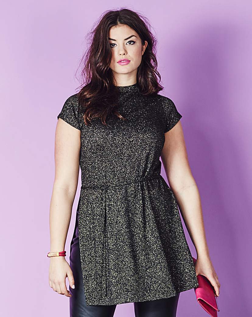 Glitter Lurex Tunic - sleeve style: capped; pattern: plain; neckline: high neck; waist detail: fitted waist; length: below the bottom; style: tunic; secondary colour: gold; predominant colour: black; occasions: evening; fibres: polyester/polyamide - stretch; fit: loose; hip detail: slits at hip; sleeve length: short sleeve; pattern type: fabric; texture group: jersey - stretchy/drapey; embellishment: glitter; season: a/w 2015