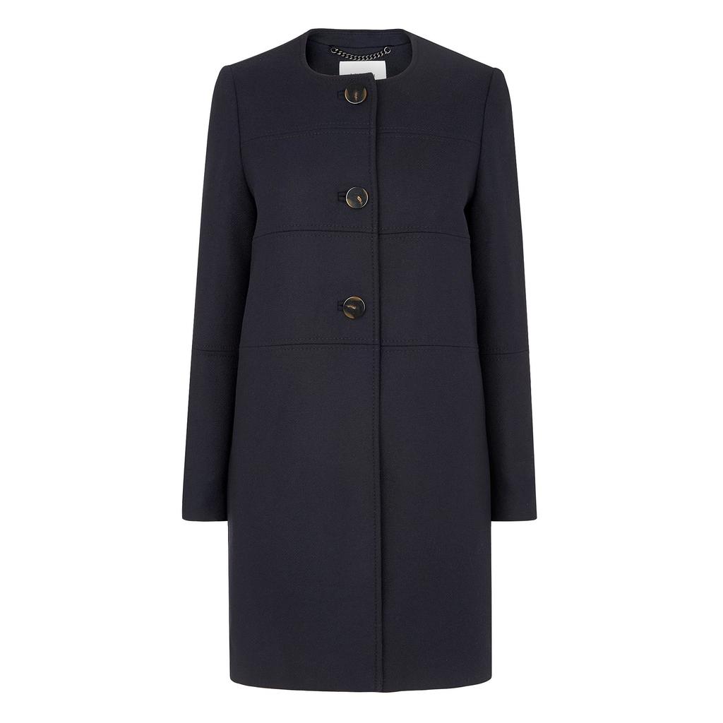 Savoya Collarless Coat Blue Sloane Blue - pattern: plain; collar: round collar/collarless; style: single breasted; length: mid thigh; predominant colour: navy; occasions: casual, creative work; fit: tailored/fitted; fibres: wool - mix; sleeve length: long sleeve; sleeve style: standard; collar break: high; pattern type: fabric; texture group: woven bulky/heavy; season: a/w 2015