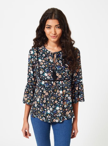 Womens Petite Dark Floral Blouse, Black - length: below the bottom; style: blouse; predominant colour: navy; secondary colour: nude; occasions: casual, creative work; fibres: viscose/rayon - 100%; fit: body skimming; neckline: crew; sleeve length: 3/4 length; sleeve style: standard; pattern type: fabric; pattern size: standard; pattern: florals; texture group: other - light to midweight; multicoloured: multicoloured; season: a/w 2015