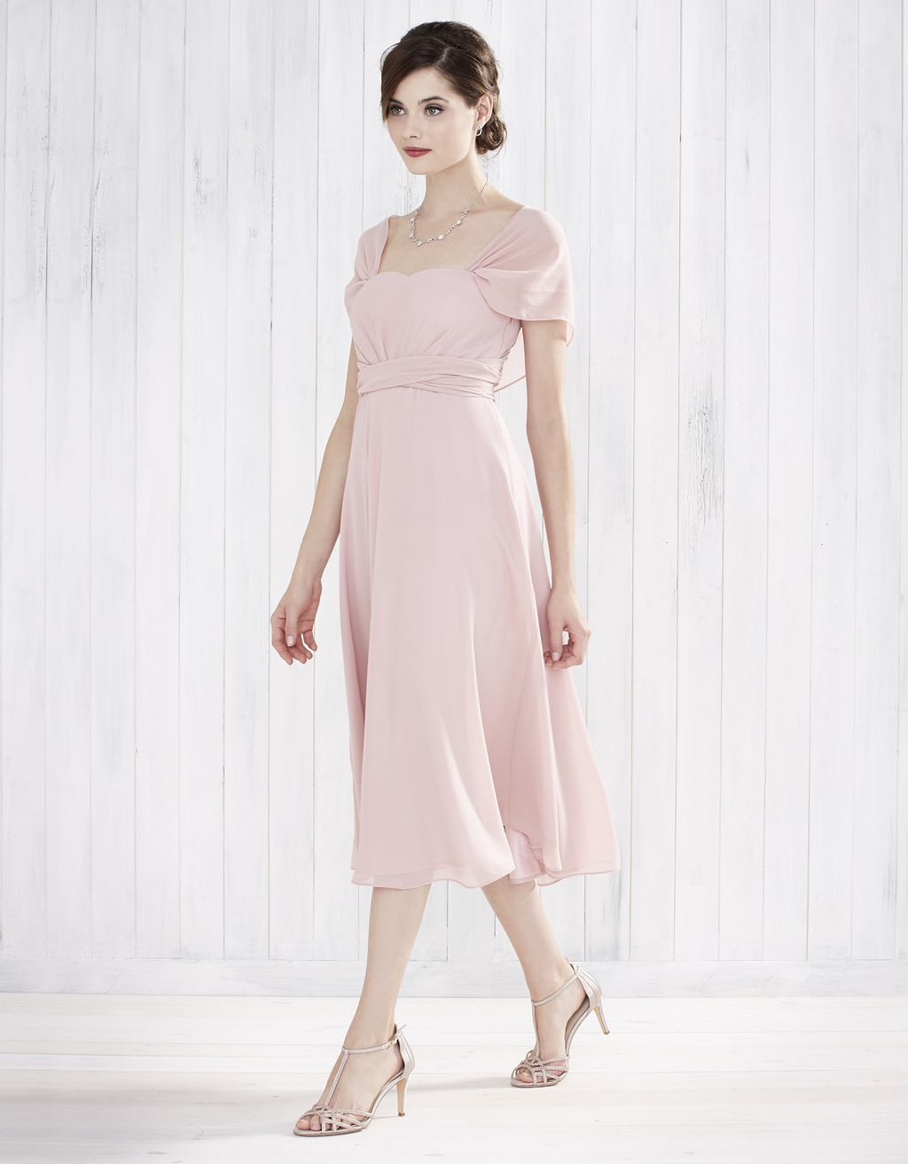 Aurora Short Multiway Dress - length: calf length; neckline: round neck; pattern: plain; shoulder detail: contrast pattern/fabric at shoulder; predominant colour: blush; occasions: evening, occasion; fit: fitted at waist & bust; style: fit & flare; fibres: polyester/polyamide - 100%; sleeve length: short sleeve; sleeve style: standard; texture group: crepes; pattern type: fabric; embellishment: lace; season: a/w 2015