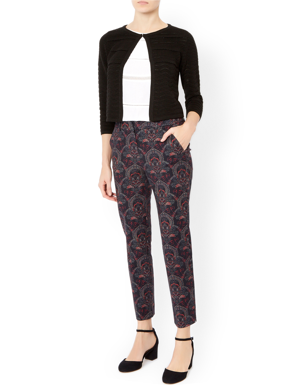 Ariella Pointelle Cardigan - neckline: round neck; pattern: plain; predominant colour: black; occasions: casual, creative work; length: standard; style: standard; fibres: cotton - mix; fit: slim fit; sleeve length: 3/4 length; sleeve style: standard; texture group: knits/crochet; pattern type: knitted - fine stitch; season: a/w 2015