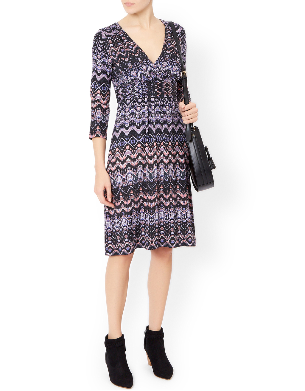 Georgina Print Knee Length Dress - style: empire line; neckline: low v-neck; fit: empire; predominant colour: purple; secondary colour: lilac; length: on the knee; fibres: polyester/polyamide - stretch; hip detail: soft pleats at hip/draping at hip/flared at hip; sleeve length: 3/4 length; sleeve style: standard; pattern type: fabric; pattern size: standard; pattern: patterned/print; texture group: jersey - stretchy/drapey; occasions: creative work; multicoloured: multicoloured; season: a/w 2015