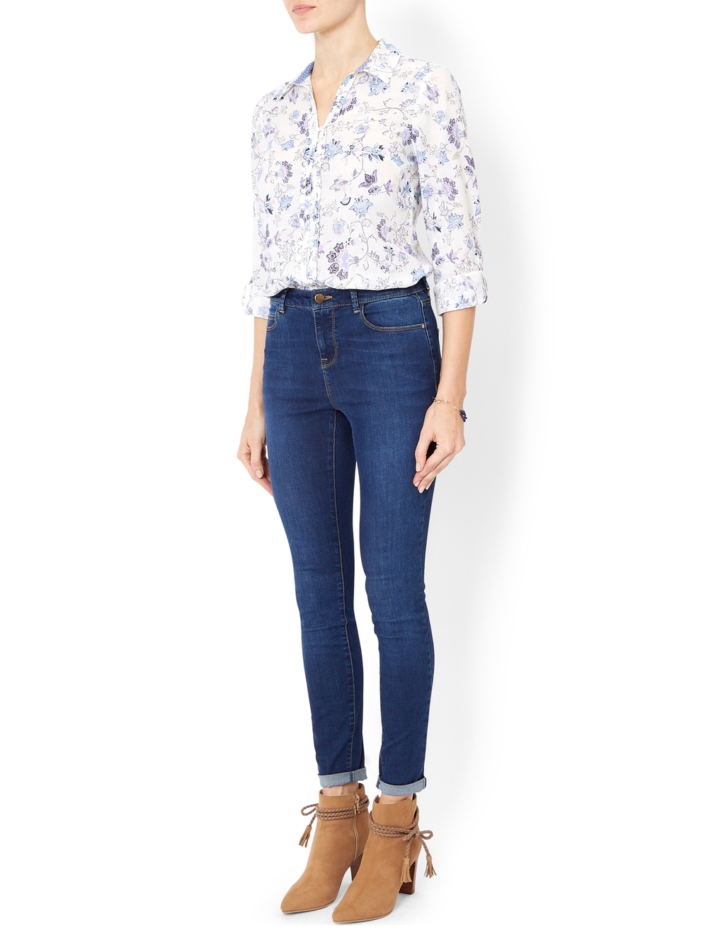 Victoria Print Shirt - neckline: shirt collar/peter pan/zip with opening; style: shirt; predominant colour: aubergine; secondary colour: lilac; occasions: casual, creative work; length: standard; fibres: cotton - 100%; fit: straight cut; sleeve length: 3/4 length; sleeve style: standard; pattern type: fabric; pattern size: standard; pattern: florals; texture group: woven light midweight; season: a/w 2015