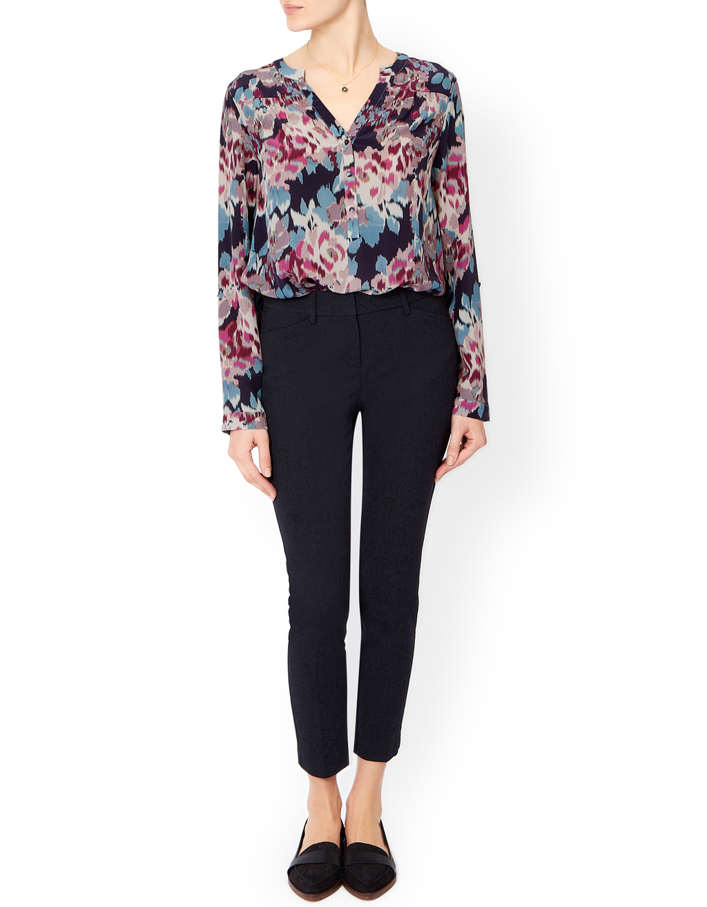 Margery Print Silk Blouse - neckline: v-neck; style: blouse; secondary colour: pink; predominant colour: black; length: standard; fibres: silk - 100%; fit: loose; sleeve length: long sleeve; sleeve style: standard; pattern type: fabric; pattern: florals; texture group: woven light midweight; occasions: creative work; pattern size: big & busy (top); multicoloured: multicoloured; season: a/w 2015