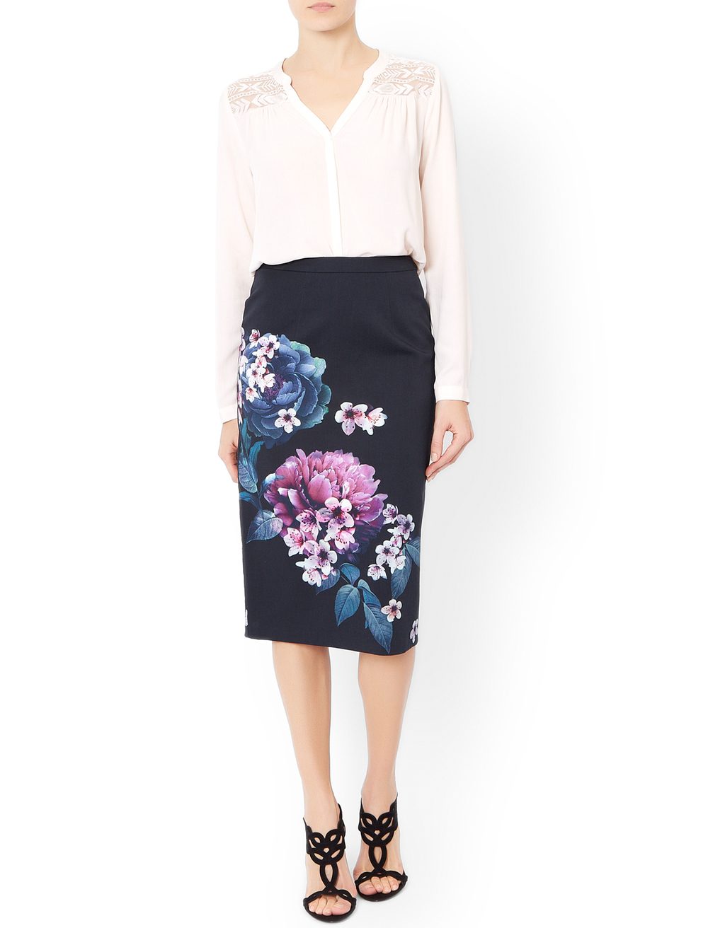 Peony Placement Print Skirt - length: below the knee; style: pencil; fit: tailored/fitted; waist: high rise; secondary colour: hot pink; predominant colour: navy; occasions: evening; fibres: polyester/polyamide - 100%; pattern type: fabric; pattern: florals; texture group: woven light midweight; pattern size: big & busy (bottom); season: a/w 2015