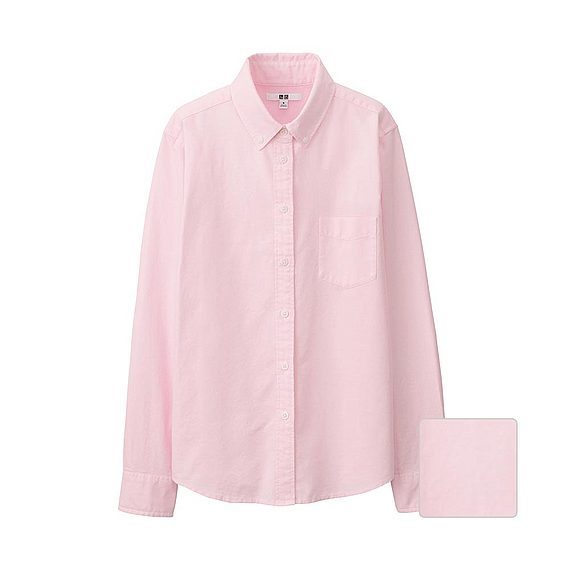 Women Oxford Long Sleeve Shirt Pink - neckline: shirt collar/peter pan/zip with opening; pattern: plain; style: shirt; predominant colour: blush; occasions: casual, creative work; length: standard; fibres: cotton - 100%; fit: straight cut; sleeve length: long sleeve; sleeve style: standard; texture group: cotton feel fabrics; pattern type: fabric; season: a/w 2015; trends: pink aw 15