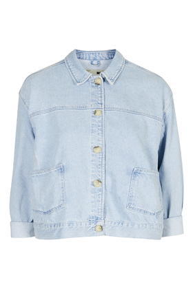 Moto Boxy Crop Denim Jacket - pattern: plain; style: denim; predominant colour: pale blue; occasions: casual, creative work; length: standard; fit: straight cut (boxy); fibres: cotton - 100%; collar: shirt collar/peter pan/zip with opening; sleeve length: 3/4 length; sleeve style: standard; texture group: denim; collar break: high/illusion of break when open; pattern type: fabric; season: a/w 2015; trends: tomboy girl