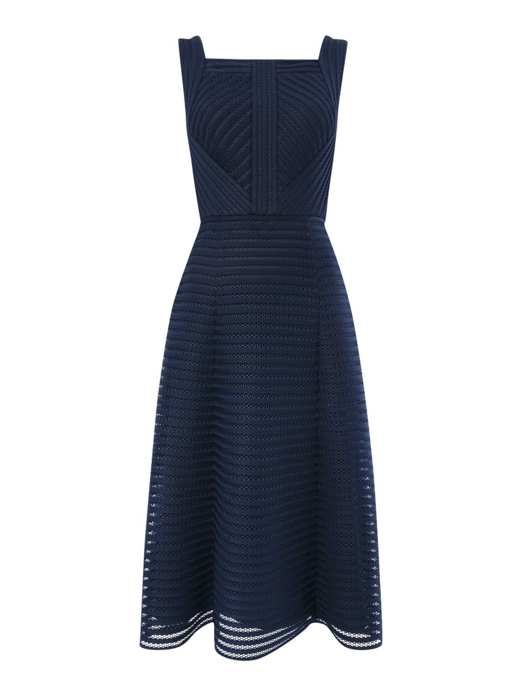 Fit And Flare Mesh Dress, Navy - length: below the knee; pattern: horizontal stripes; sleeve style: sleeveless; style: prom dress; predominant colour: navy; occasions: evening, occasion; fit: fitted at waist & bust; fibres: polyester/polyamide - 100%; hip detail: soft pleats at hip/draping at hip/flared at hip; sleeve length: sleeveless; texture group: sheer fabrics/chiffon/organza etc.; neckline: medium square neck; pattern type: fabric; pattern size: standard; season: a/w 2015