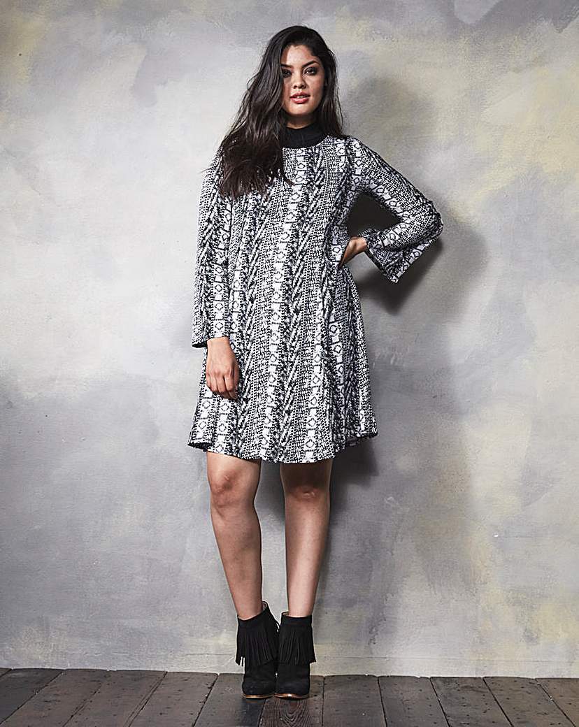 Print Long Sleeve Woven Swing Dress - style: shift; neckline: high neck; secondary colour: mid grey; predominant colour: black; length: just above the knee; fit: soft a-line; fibres: polyester/polyamide - stretch; hip detail: soft pleats at hip/draping at hip/flared at hip; sleeve length: long sleeve; sleeve style: standard; trends: monochrome; pattern type: fabric; pattern size: standard; pattern: patterned/print; texture group: woven light midweight; occasions: creative work; season: a/w 2015