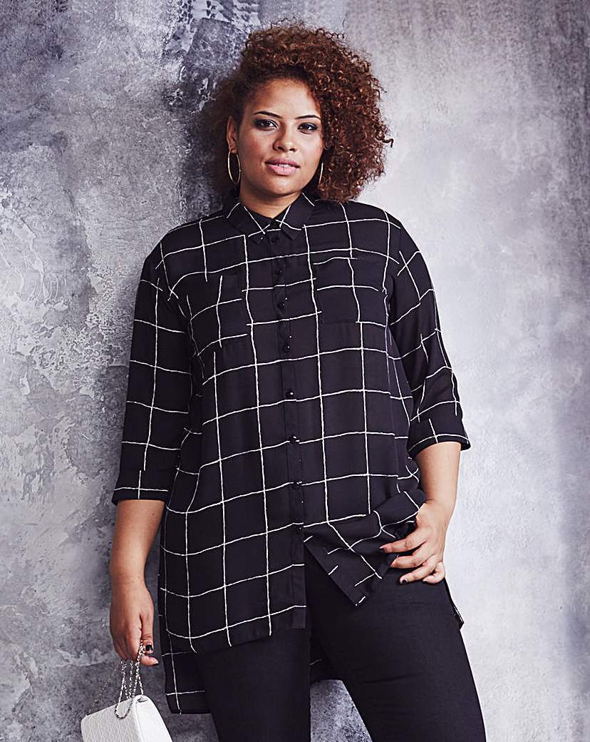 Black Check Longline Blouse - neckline: shirt collar/peter pan/zip with opening; pattern: checked/gingham; length: below the bottom; style: blouse; predominant colour: navy; secondary colour: light grey; occasions: casual, creative work; fibres: polyester/polyamide - 100%; fit: straight cut; sleeve length: 3/4 length; sleeve style: standard; pattern type: fabric; pattern size: standard; texture group: woven light midweight; season: a/w 2015