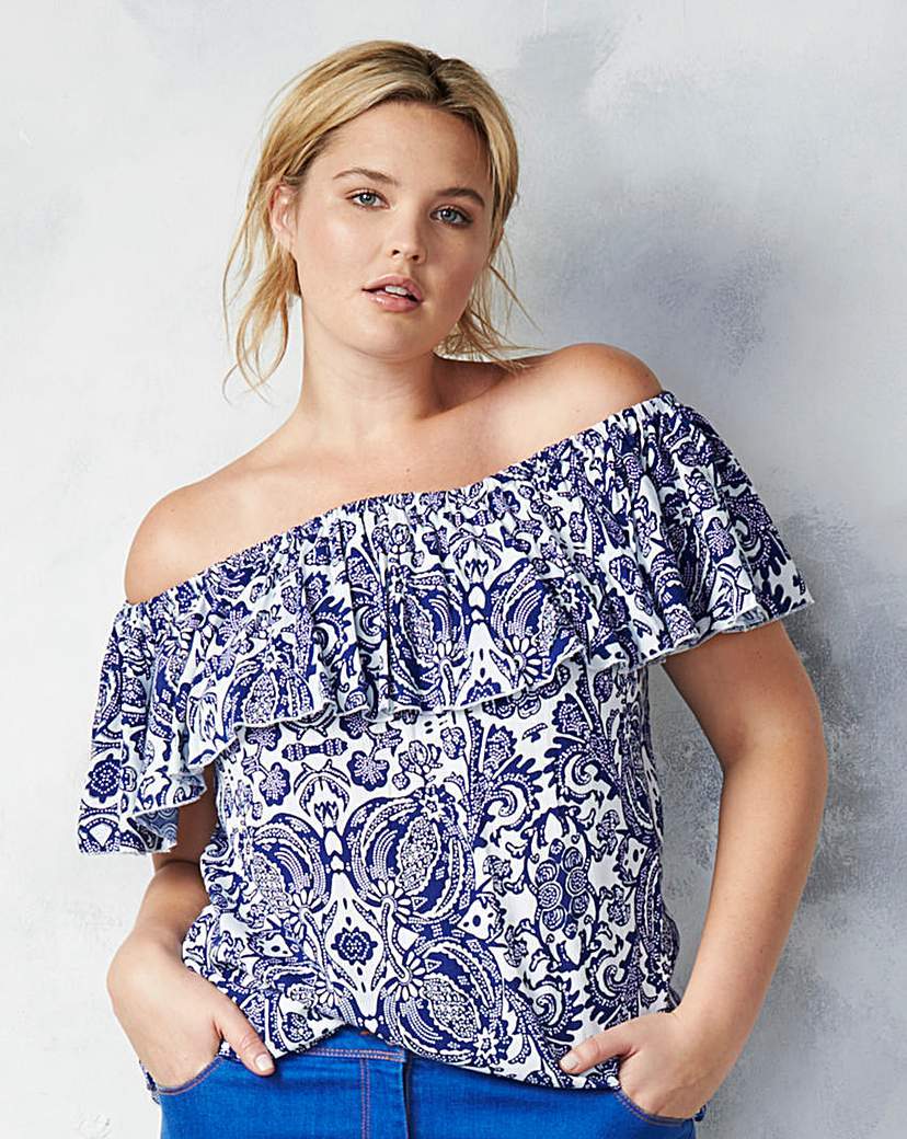 Blue Print Frill Bardot Top - neckline: off the shoulder; sleeve style: angel/waterfall; secondary colour: white; predominant colour: navy; occasions: casual; length: standard; style: top; fibres: cotton - mix; fit: straight cut; sleeve length: short sleeve; pattern type: fabric; pattern size: standard; pattern: patterned/print; texture group: woven light midweight; season: a/w 2015