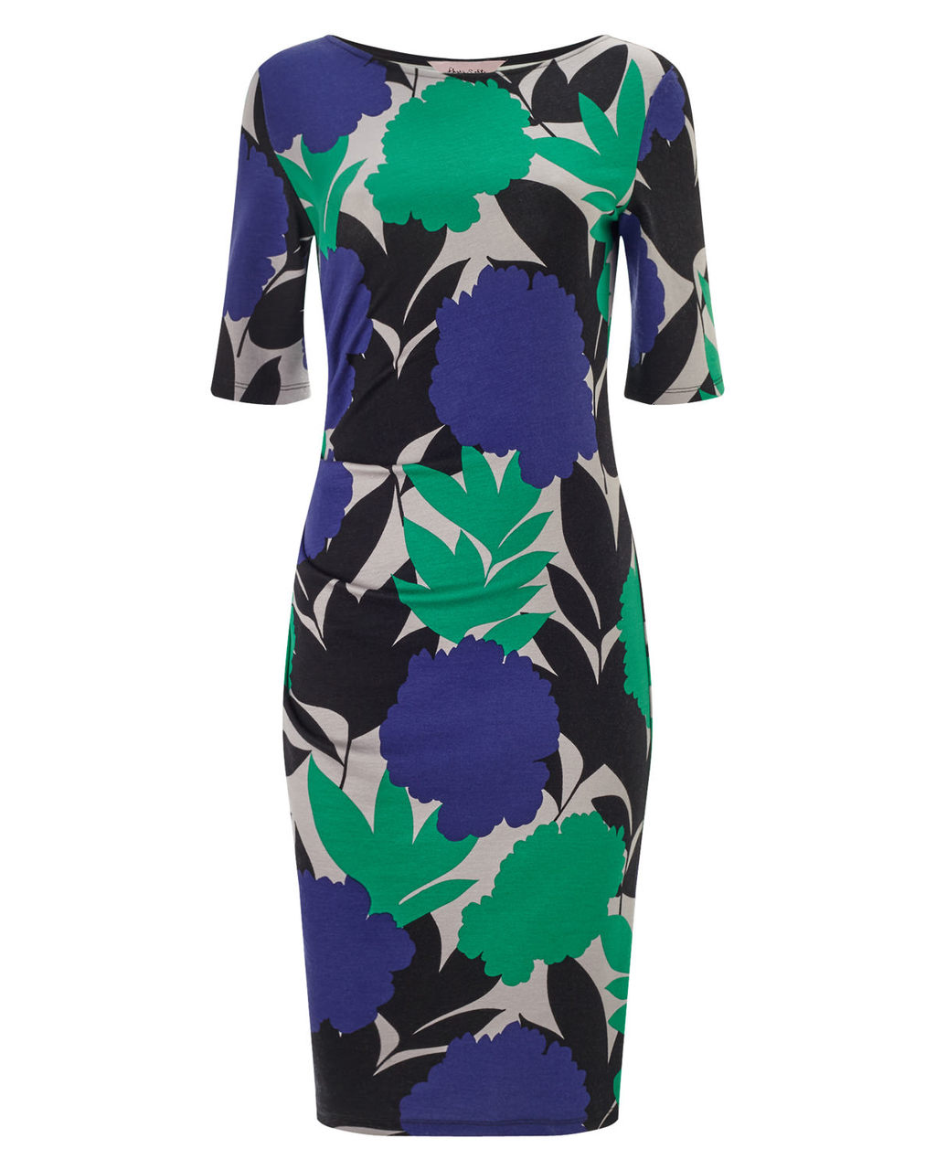 Kacie Ponte Dress - style: shift; length: below the knee; neckline: round neck; fit: tailored/fitted; predominant colour: royal blue; secondary colour: emerald green; fibres: viscose/rayon - stretch; occasions: occasion; sleeve length: half sleeve; sleeve style: standard; pattern type: fabric; pattern size: big & busy; pattern: florals; texture group: jersey - stretchy/drapey; multicoloured: multicoloured; season: a/w 2015