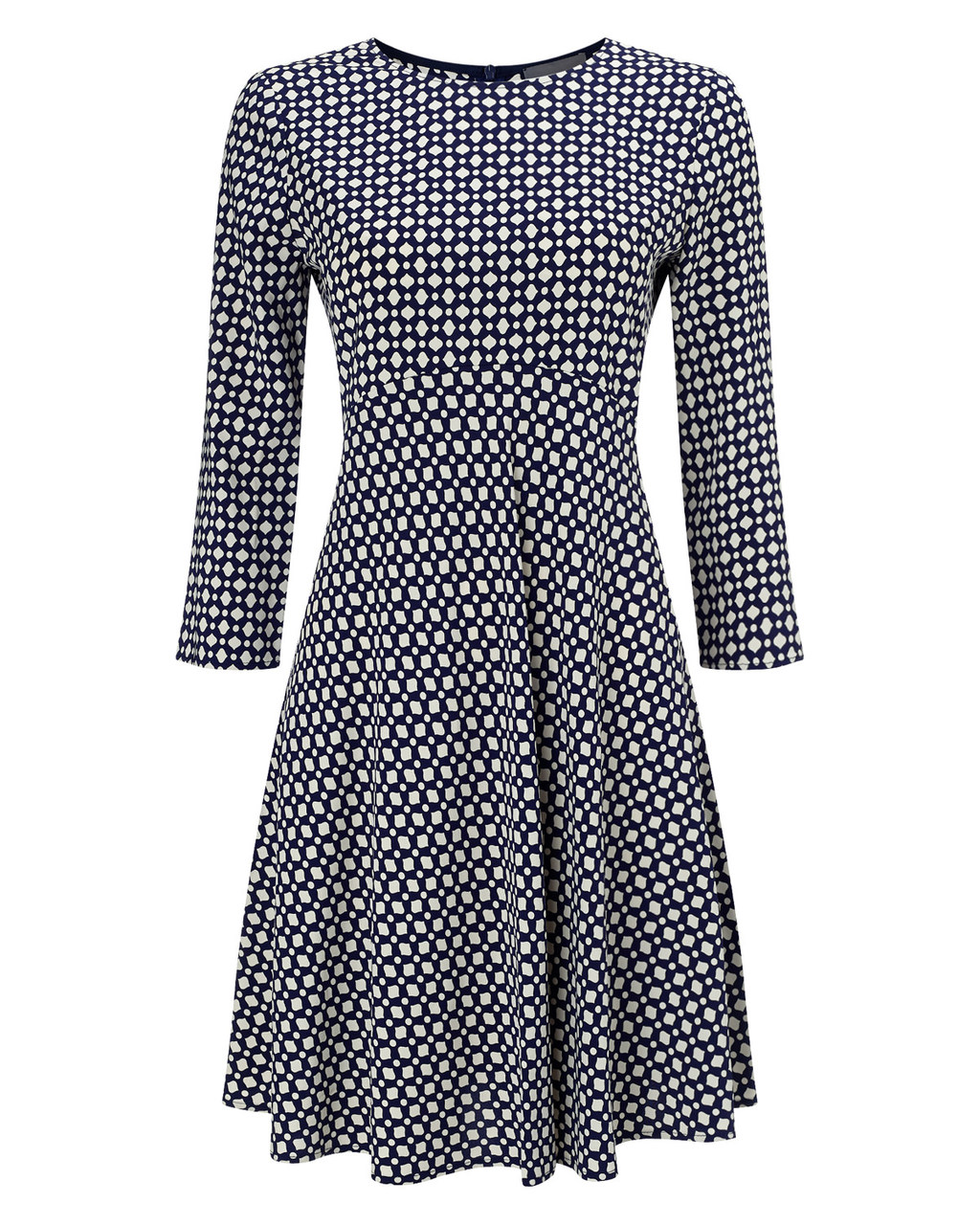 Yasmin Geo Dress - neckline: round neck; secondary colour: white; predominant colour: black; occasions: work, creative work; length: on the knee; fit: fitted at waist & bust; style: fit & flare; fibres: viscose/rayon - stretch; hip detail: soft pleats at hip/draping at hip/flared at hip; sleeve length: long sleeve; sleeve style: standard; pattern type: fabric; pattern size: big & busy; pattern: patterned/print; texture group: jersey - stretchy/drapey; season: a/w 2015